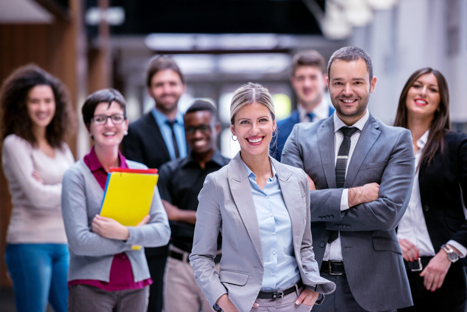 young multi ethnic business people group walking standing and top view